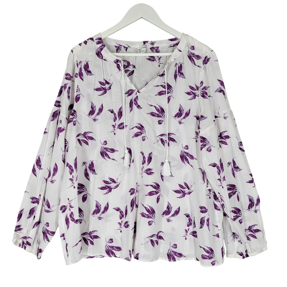 Sonoma Goods For Life Femme Blouse Womens XXL White Purple Good Floral Tassel